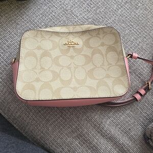 Coach Khaki Signature Canvas Crossbody with Pink Trim